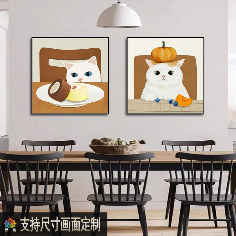 简约餐厅猫咪装饰画客厅沙发背景墙挂画现代北欧风正方形卧室壁画图片