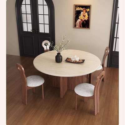 法式中古风洞石圆桌复古实木家用饭桌小户型白色实木腿餐桌椅组