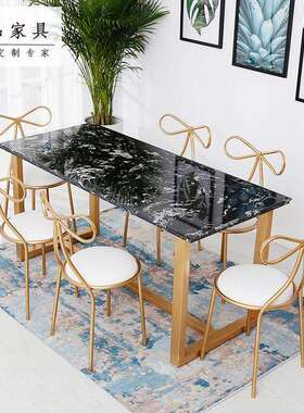 北欧黑色大理石餐桌 餐厅简约长方形餐桌椅组合金属大理石咖啡桌