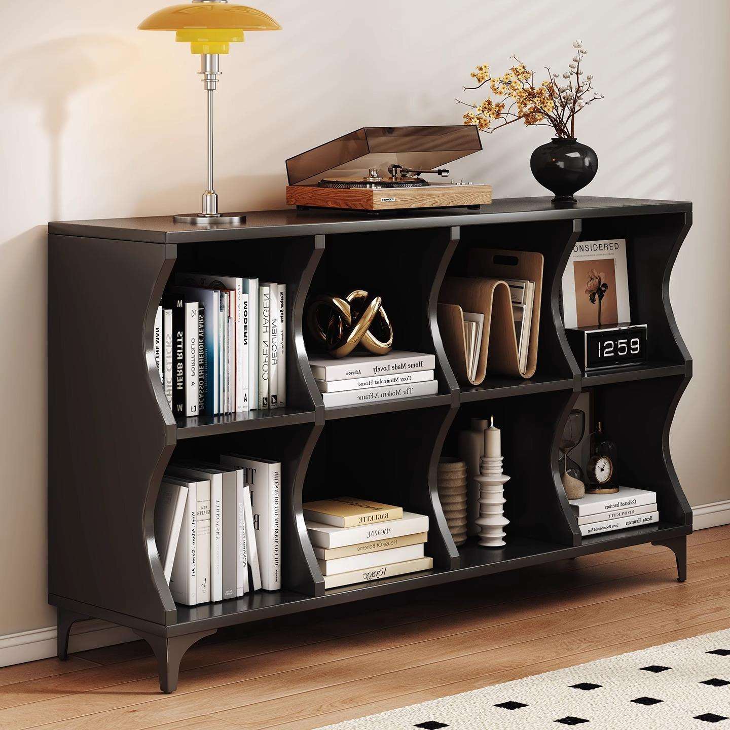 书架简约现代黑色网红柜子高颜值储物柜餐边柜书柜落地创意格子柜