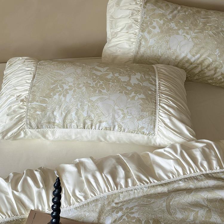 夏季小清新60支天丝四件套法式褶皱花边凉感裸睡被套1.8m床上用品