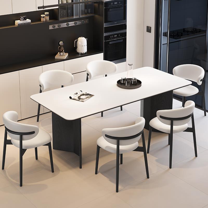 轻奢意式极简小户型长方形家用复古风岩板餐桌椅组合实木吃饭桌子