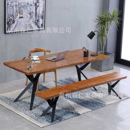 简约现代办公桌 家用长方形书桌电脑桌实木会议桌 铁艺餐桌椅组合
