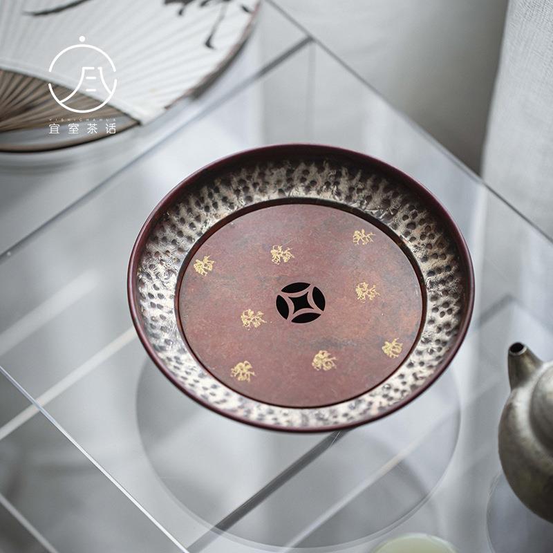 立木堂 紫铜烧色福禄铜钱壶承 文人器仿宋做旧干泡台蓄水茶盘配件