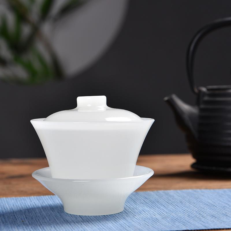 满玉纯白玉瓷功夫盖碗茶具高档中式家用陶瓷泡茶喝茶三才盖碗