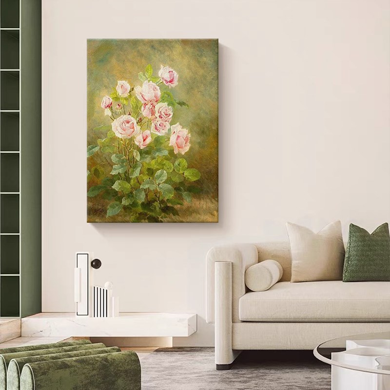 奶油风粉色玫瑰花卉手绘油画客厅装饰画植物丙烯走廊过道玄关挂画图片