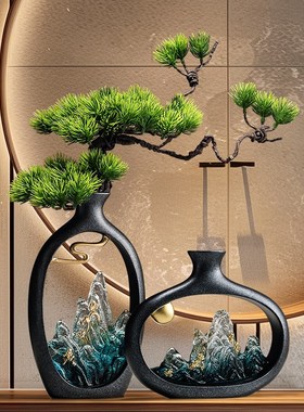 新中式迎客松花瓶摆件客厅玄关电视柜博古架装饰品办公室乔迁新居