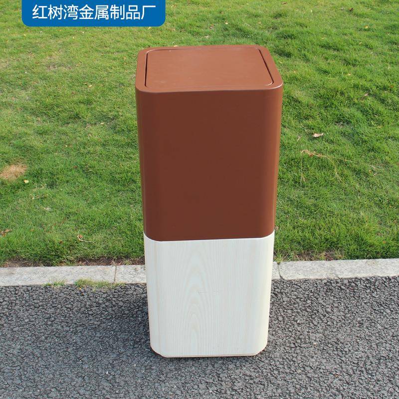 专业生产室内方形果皮箱/电梯口转木纹金属有盖摇盖式垃圾桶厂家