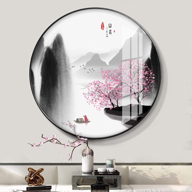 网红新中式圆形玄关装饰画客厅山水北欧挂画餐厅书房茶室水墨晶瓷图片
