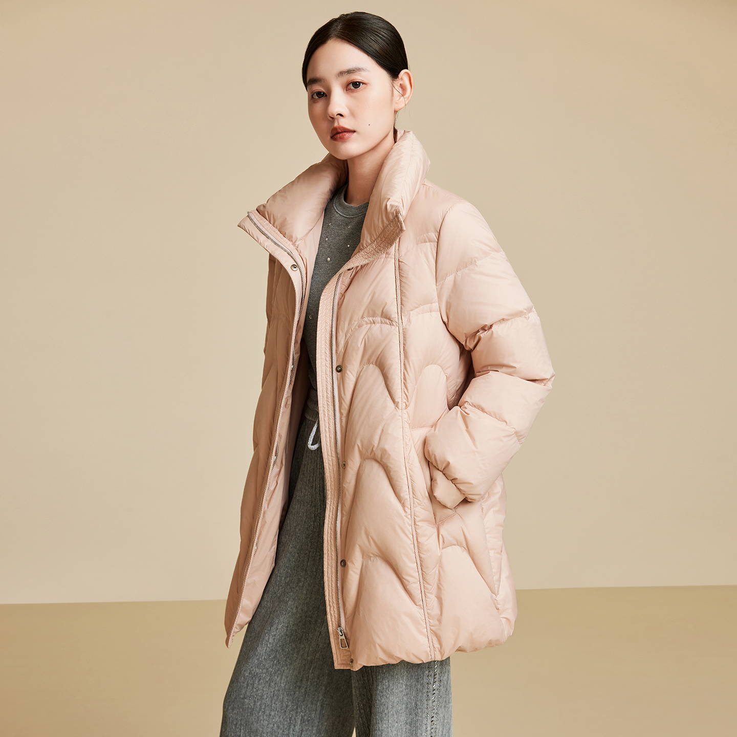 朗曼笛轻薄羽绒服女中长款立领加厚鸭绒外套2025冬季新款通勤上衣