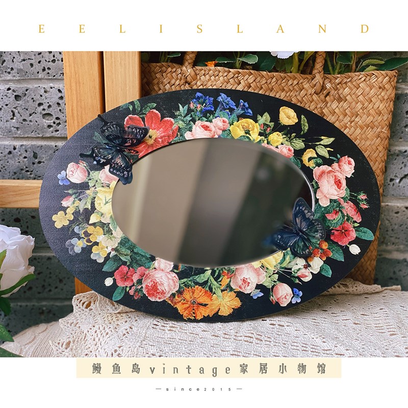 原创vintage中古风欧式复古立体蝴蝶装饰画卧室花卉镜子挂件装饰图片
