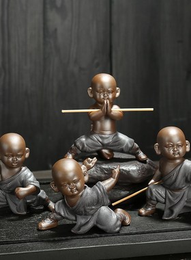厂家黑金功夫小和尚紫砂茶宠摆件 陶瓷人物创意家居装饰