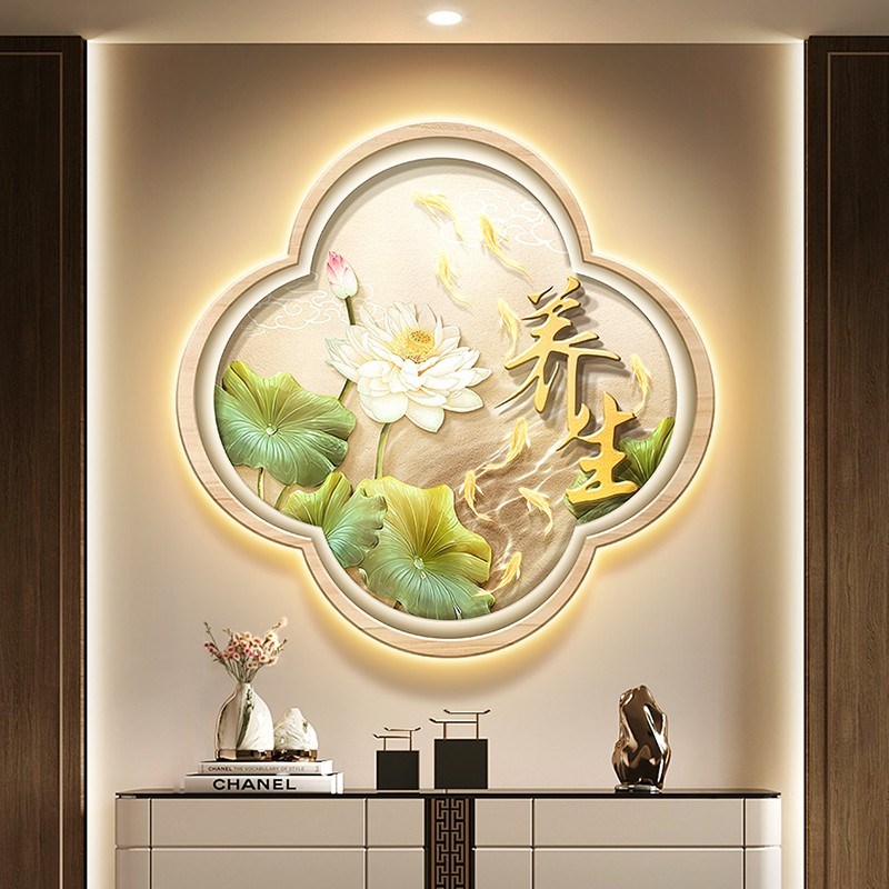 中医养生馆吧台形象背景墙装饰画中式美容房间足浴店会所壁画带灯图片