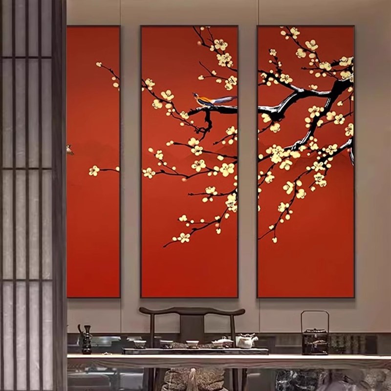 新中式茶室书房花卉四联国风背景装饰画竖版高级感客餐厅大气挂画图片