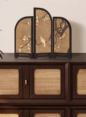 新中式鹊枝屏风桌面摆件中古风装饰画客厅餐厅复古摆画斗柜装饰品