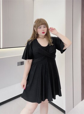 280斤大码泳衣肉嘟嘟的胖莹莹黑色弹力保守海边度假温泉连体泳装