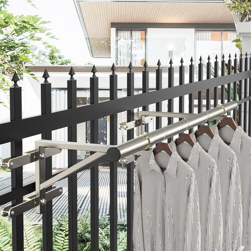 防盗窗防护栏固定式晾衣杆304不锈钢免打孔即安装飘窗庭院晒衣架