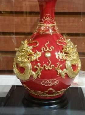 福建特色鹭艺轩漆线雕8寸双龙玉壶春红瓶摆件外事商务聚会礼品