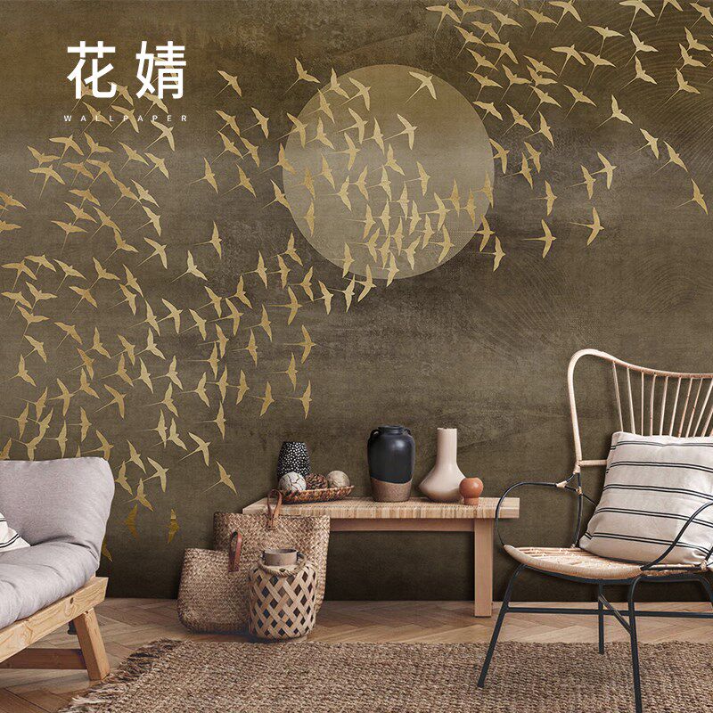 新中式千鸟背景墙壁纸壁画卧室墙纸无纺布定制日式餐厅影视墙壁布