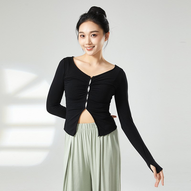 现代舞修身露腰开叉上衣舞蹈服女长袖古典舞练功服形体服秋冬新款