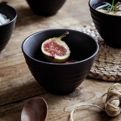 窑变日式磨砂黑色陶瓷碗简约条纹家用米饭碗粥碗汤碗小斗笠碗