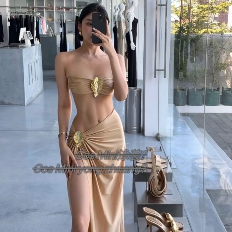 【美人鱼】淡金色抹胸千金风高开叉套装裙海岛女神风泳衣