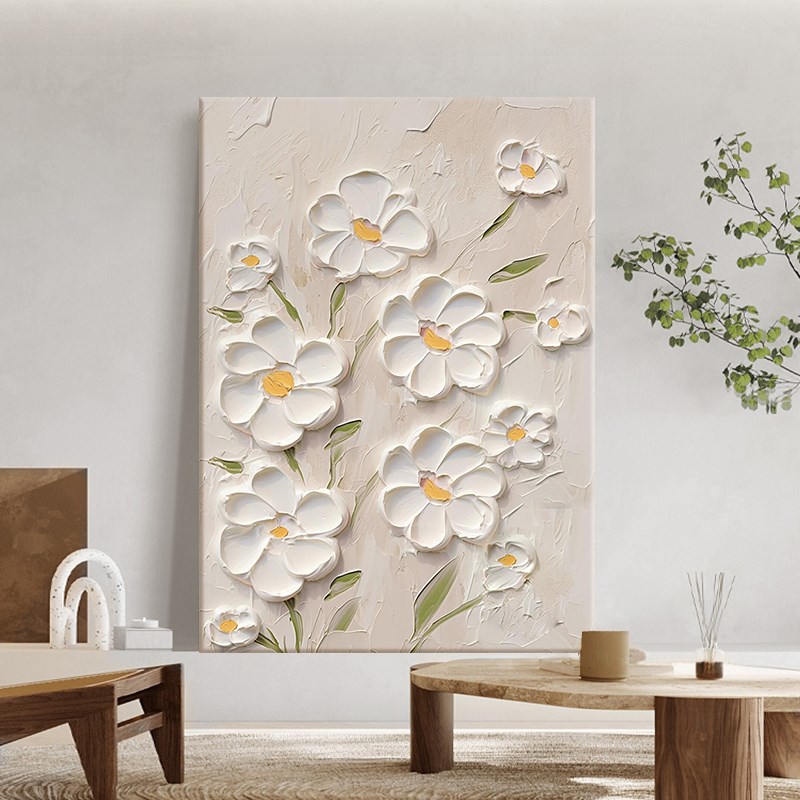 奶油风客厅装饰画抽象白色花卉浮雕手绘油画厚肌理玄关大尺寸挂画图片