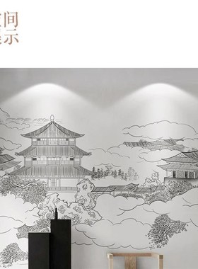 客厅沙发新中式背景墙壁画现代山水楼阁意境墙纸茶室茶楼FJ06616