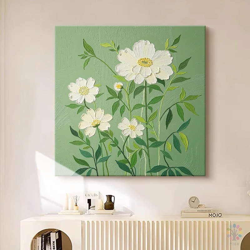 白色牡丹花手绘油画绿植客厅装饰画小清新玄关沙发背景墙肌理挂画图片