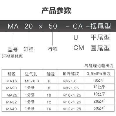 不锈钢迷你缸带磁性MA16/20/25/32/40X25/50/75/100/125/150/200