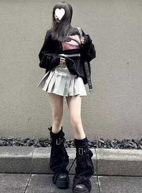 y2k辣妹黑色牛仔蓝腿s套显瘦抽绳堆堆袜十字架靴套喇叭袜套潮个性