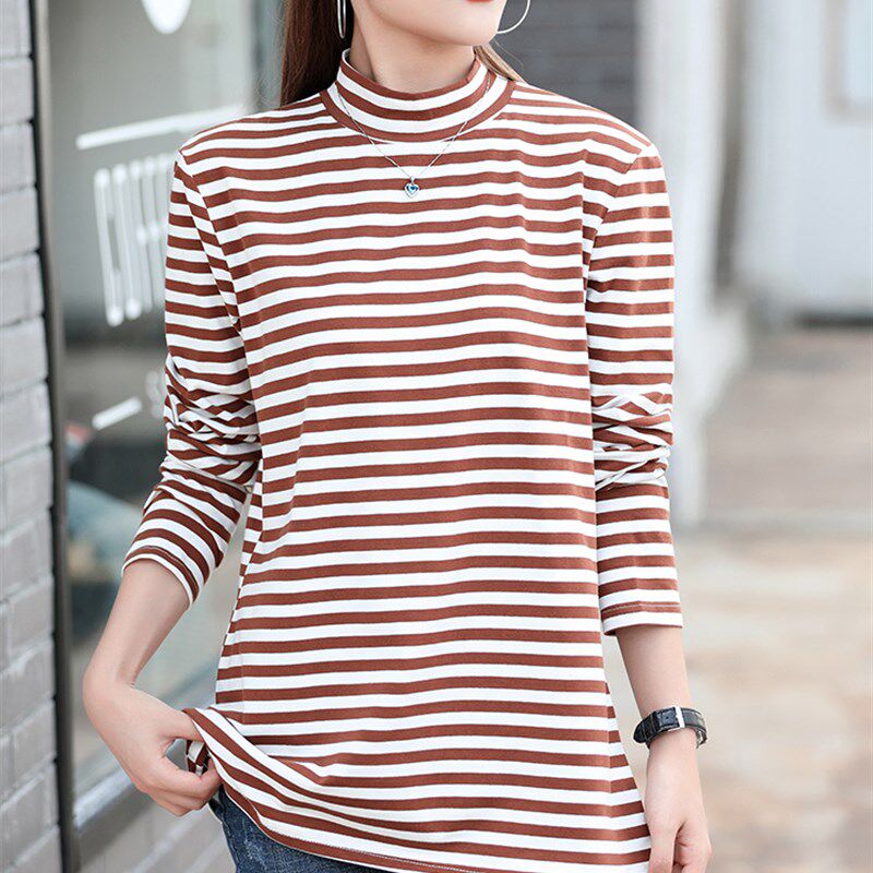 中长款宽松条纹打底衫女士纯棉长袖外穿显瘦遮肉秋W冬韩版T恤秋衣
