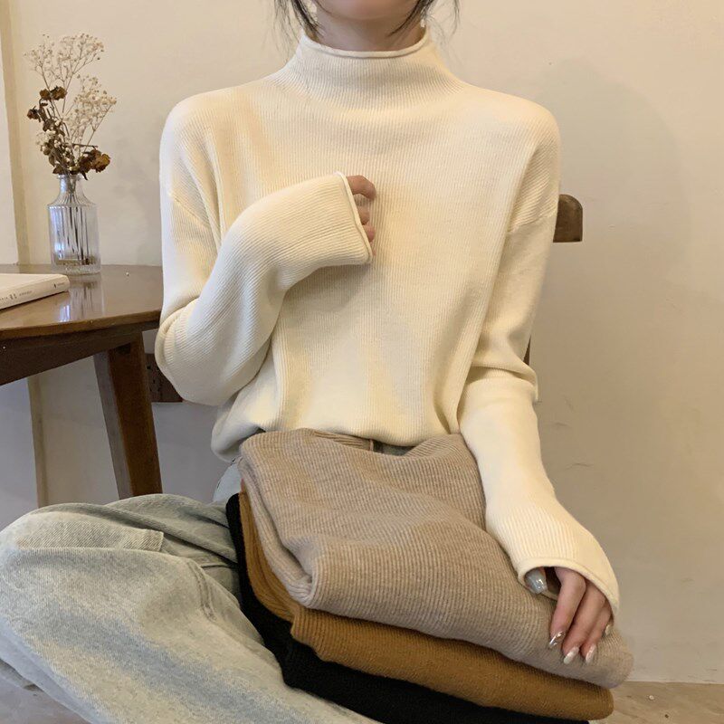 减龄漂亮洋气杏色毛衣女内搭半高领打底衫女开春高级感软糯卷边