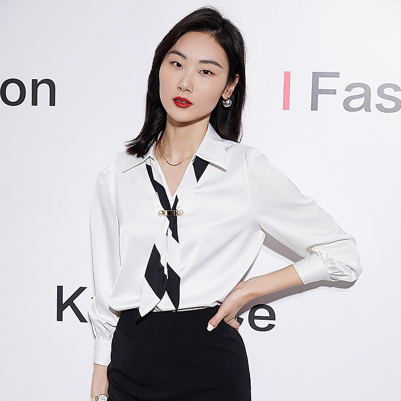 白色衬衫女2024新款秋v领职业通勤面试飘带法式时U尚气质女士衬衣
