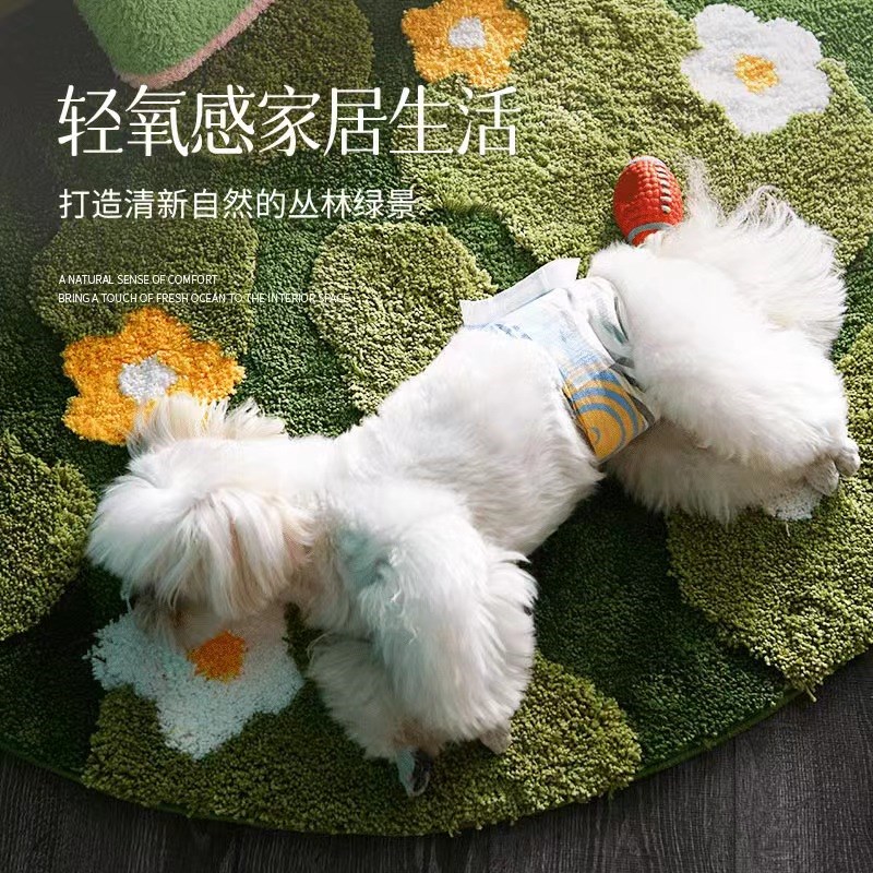 DDD森系花花植绒圆地毯苔藓卧室圆形床边毯可机洗防滑绿草地垫ins