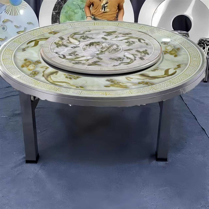 1.5米~2米特大特粗80方管桌腿不锈钢彩图外置转盘连体圆桌折叠桌