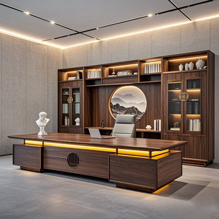 新中式黑胡桃木实木大班台带灯带办公桌董事长办公室总裁桌高端带