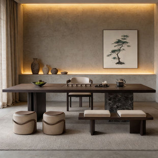 新中式岩板茶桌高级感茶室会客现代2026新款禅意实木泡茶台高端