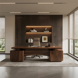 新中式黑胡桃木办公桌现代简约大班台高级感老板桌总裁桌办公室