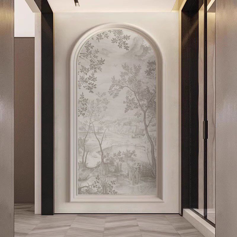现代法式玄关壁布壁画电视背景墙C布画餐厅装饰画弧形壁纸入户墙