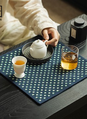 香云纱手工缝制碎花四方茶席藏蓝色麻布茶巾干泡茶席抹布杯垫子