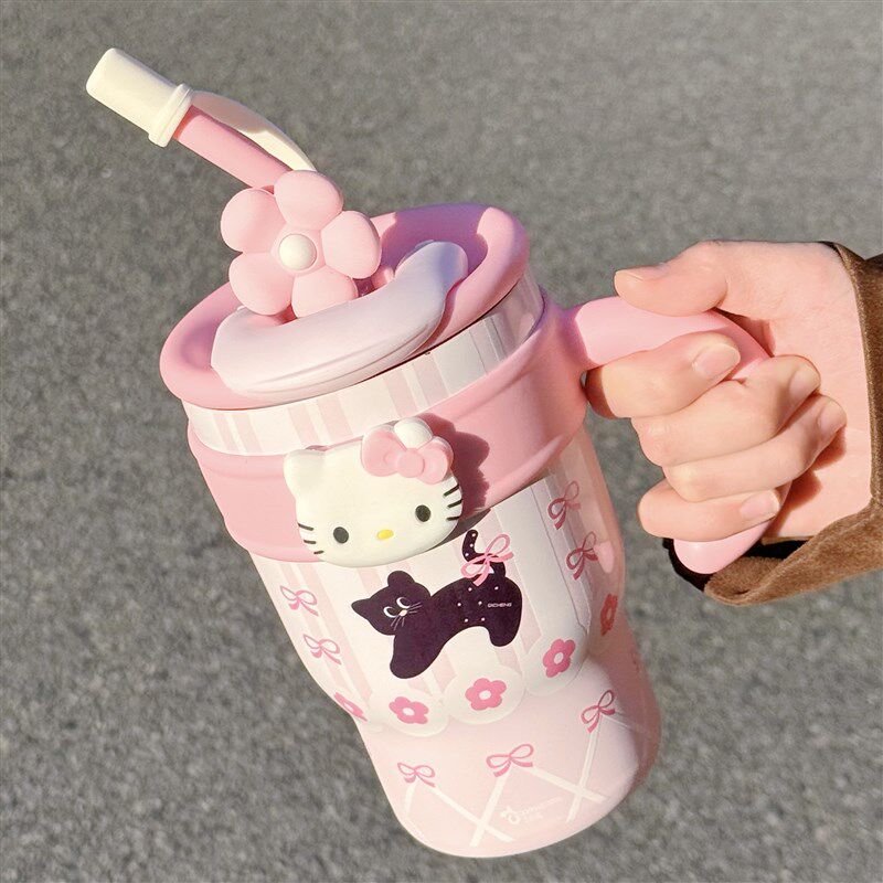 可爱猫咪保温杯女生大容量学生吸管水杯高颜值带茶隔办公室冰霸杯
