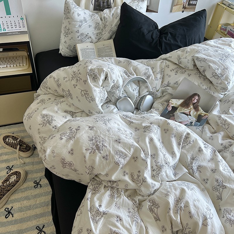 法式ins田园风赫本黑色小碎花水洗棉四件套学生床单被套三Z件套1.