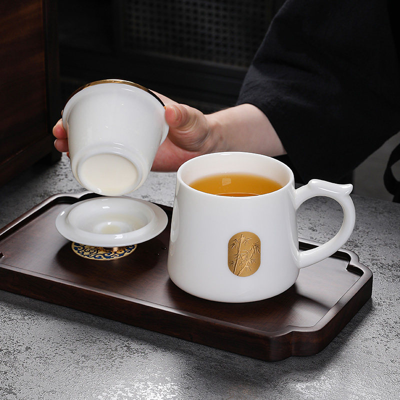 羊脂玉泡茶杯陶瓷马克杯带过滤茶水分离办公N杯个人杯高档茶杯定