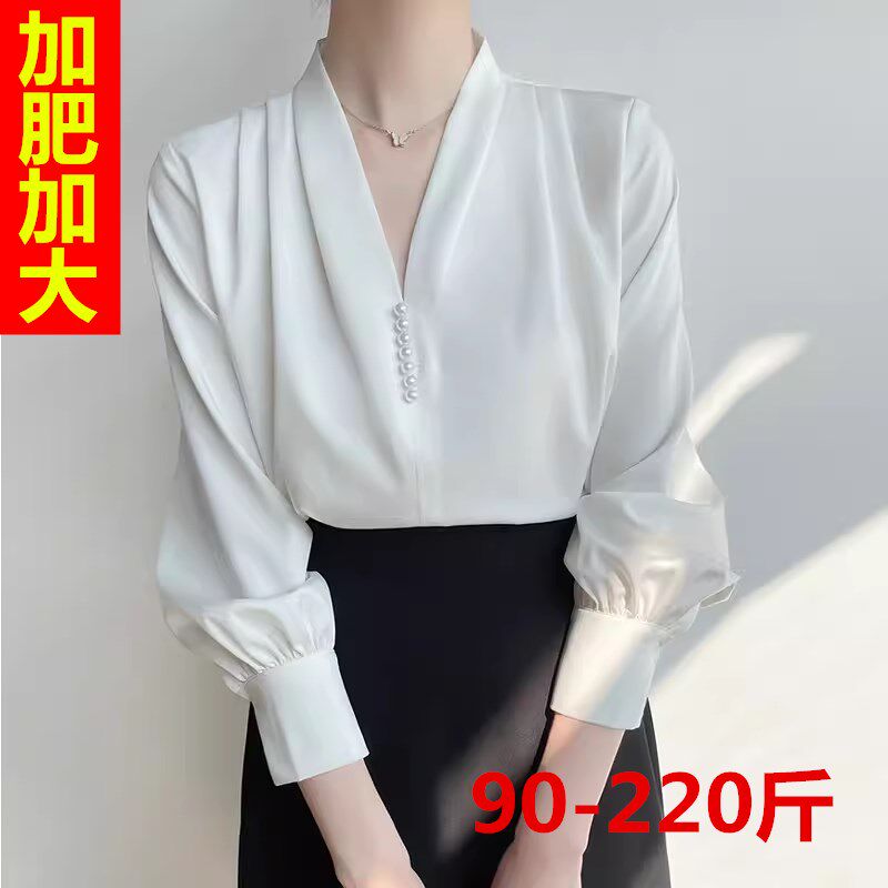 2024春夏大码衬衫女胖mm宽x松韩版长袖雪纺珍珠衬衫职业打底衬衫