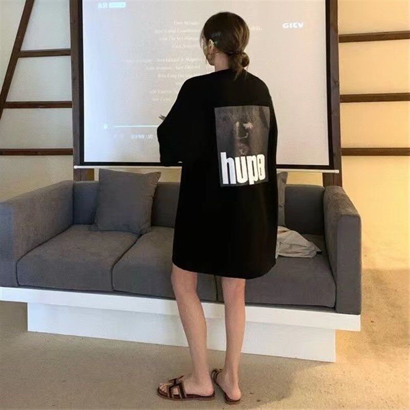 欧货大版下半身失踪t恤女中长款遮屁股遮臀宽松大码高个子T恤裙夏