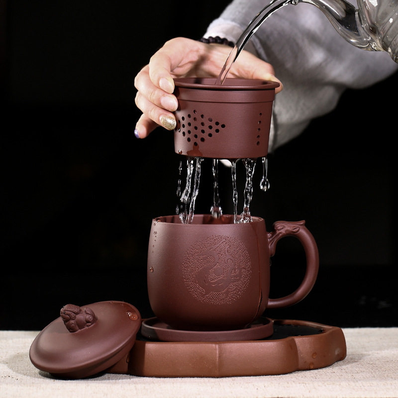 紫砂杯泡茶杯f茶水分离带内胆过滤茶漏办公室男士高档水杯陶瓷杯