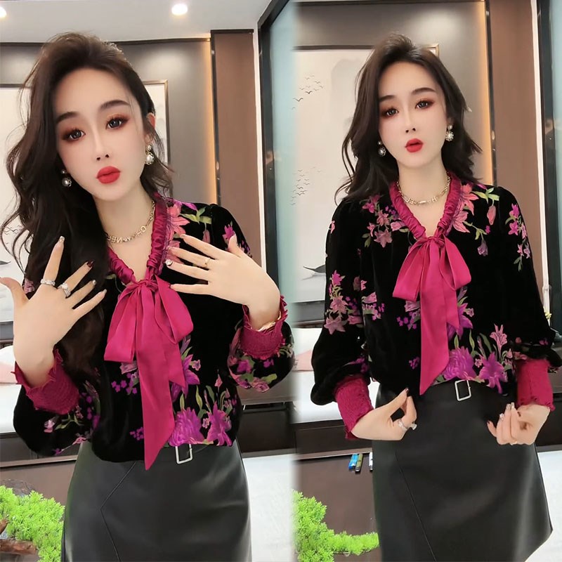 丝绒衬衫女2024春季新款高级感别致女神范飘带花色洋气冬季打底衫