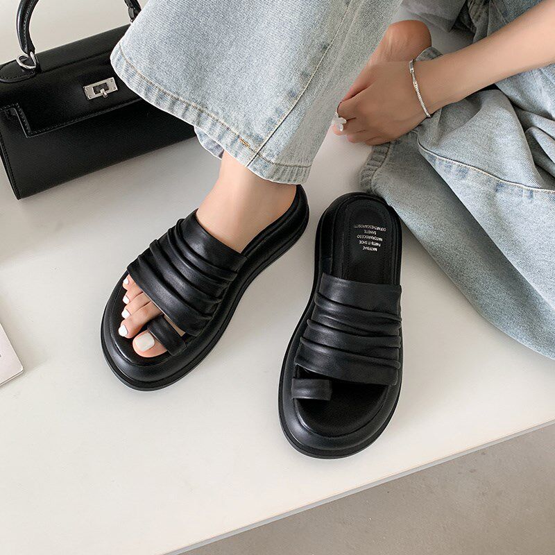 不二橘小众设计感厚底一脚蹬懒人黑色拖鞋女外穿O2025新夹趾一字