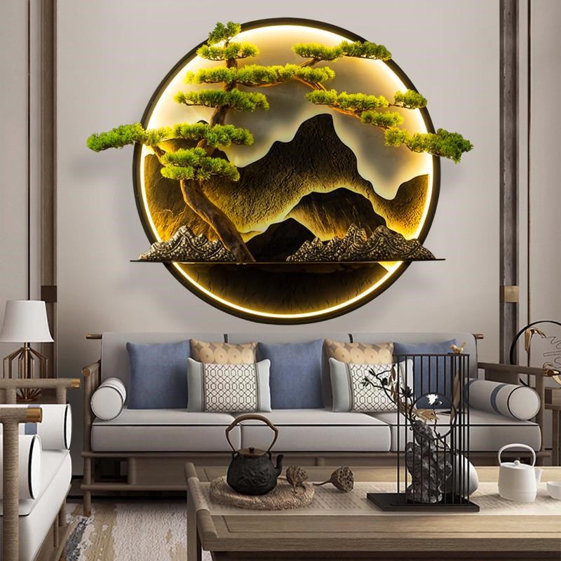 迎客松茶室茶桌茶台墙面装饰沙发背景墙装饰画玄关新中式挂件圆形图片
